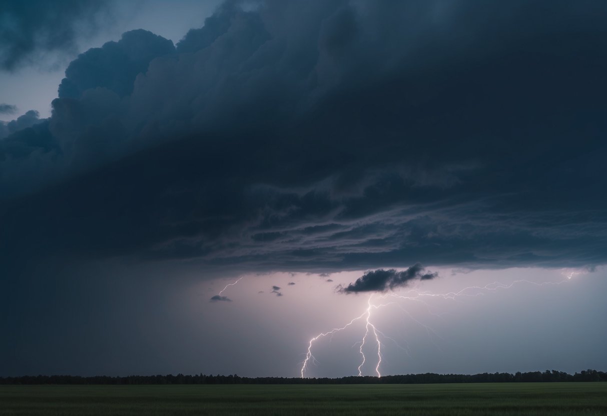 A stormy, overcast day with dark clouds and lightning striking in the distance