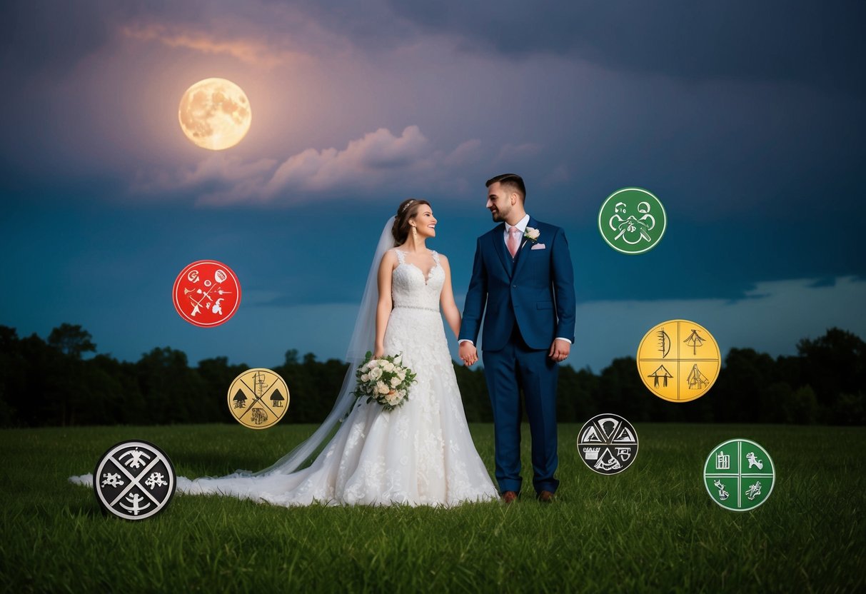 A bride and groom standing under a stormy sky with a full moon, surrounded by symbols of bad luck from various cultures