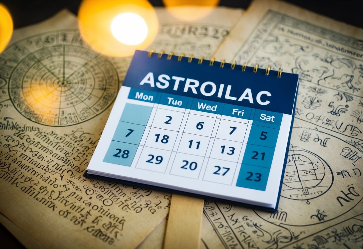 A calendar with highlighted dates and zodiac symbols, surrounded by ancient astrological texts and symbols