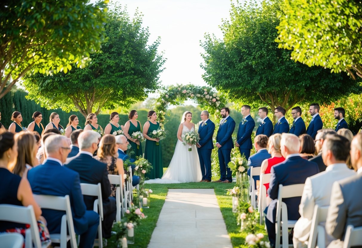 A garden ceremony with sunlit trees and a casual, relaxed atmosphere