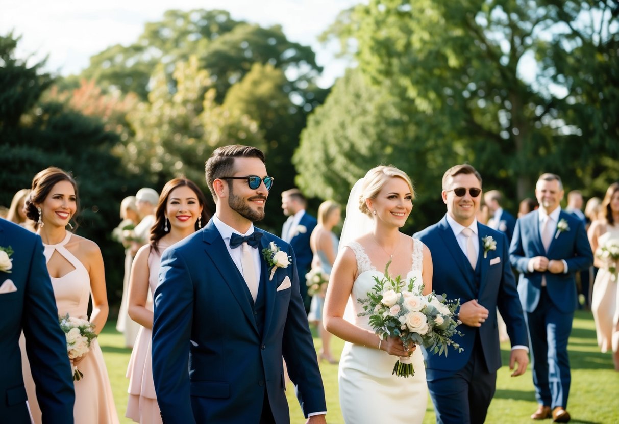 An outdoor afternoon wedding with guests wearing semi-formal attire. The setting is elegant but relaxed, with a mix of cocktail dresses and suits