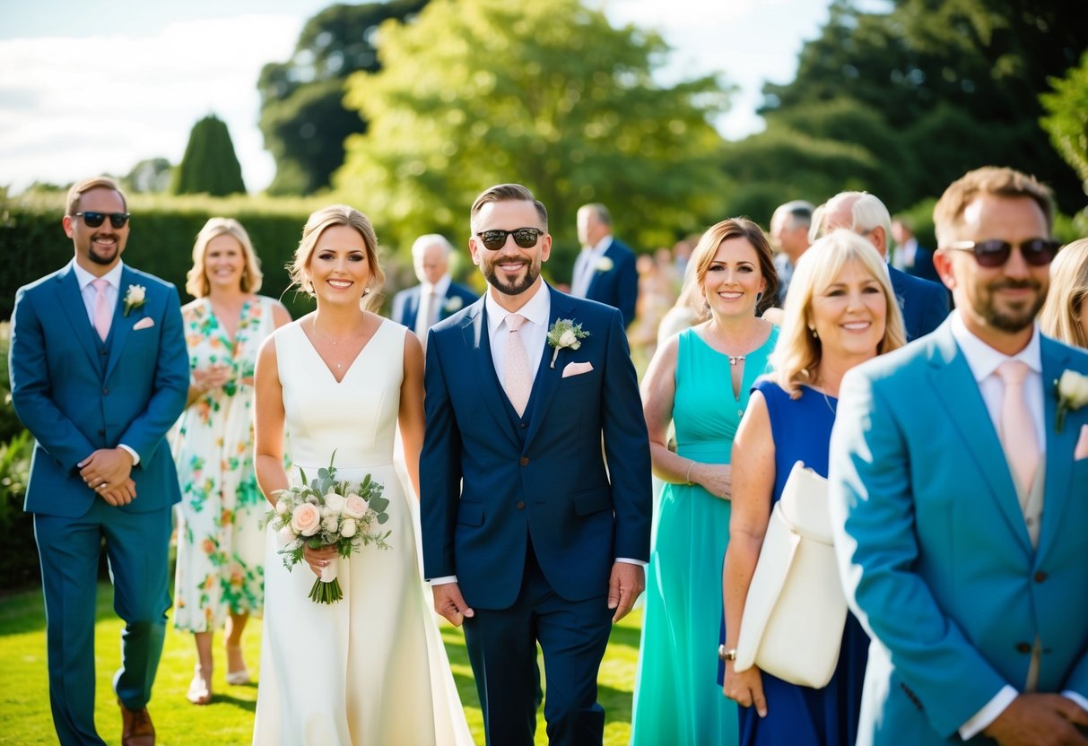 A sunny afternoon garden wedding with guests wearing semi-formal attire, including sundresses and light suits