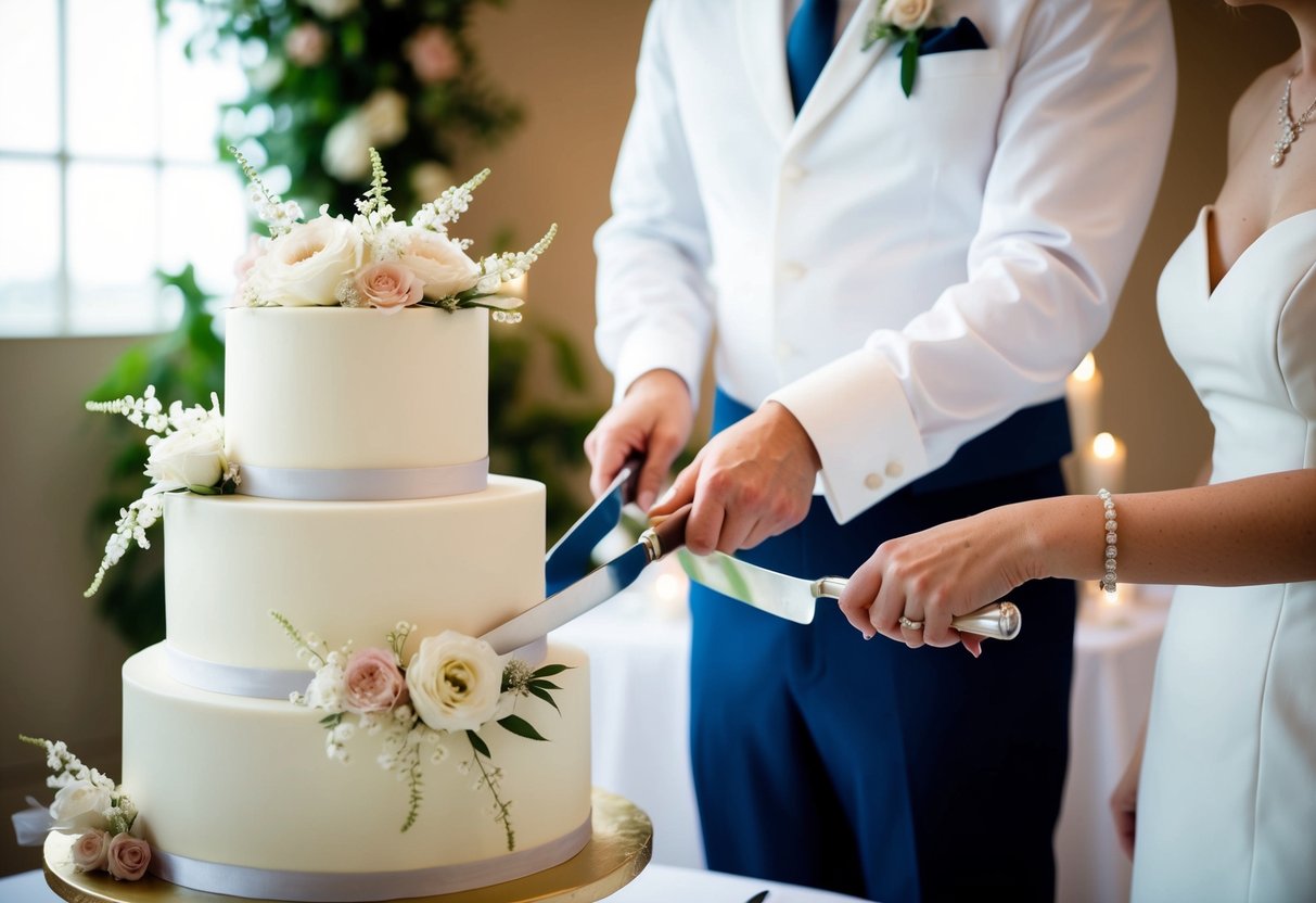 A pair of elegant cake servers cutting into a pristine white wedding cake adorned with delicate floral decorations