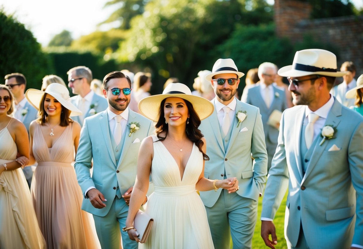 Guests at an afternoon wedding wear light, elegant attire. Men in suits with no tie, women in flowy dresses and hats. The setting is a garden or outdoor venue with soft sunlight