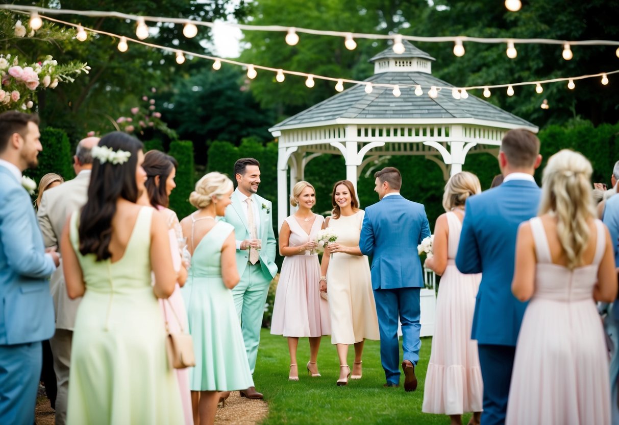 Guests in pastel dresses and light suits mingle in a garden setting with a gazebo and string lights