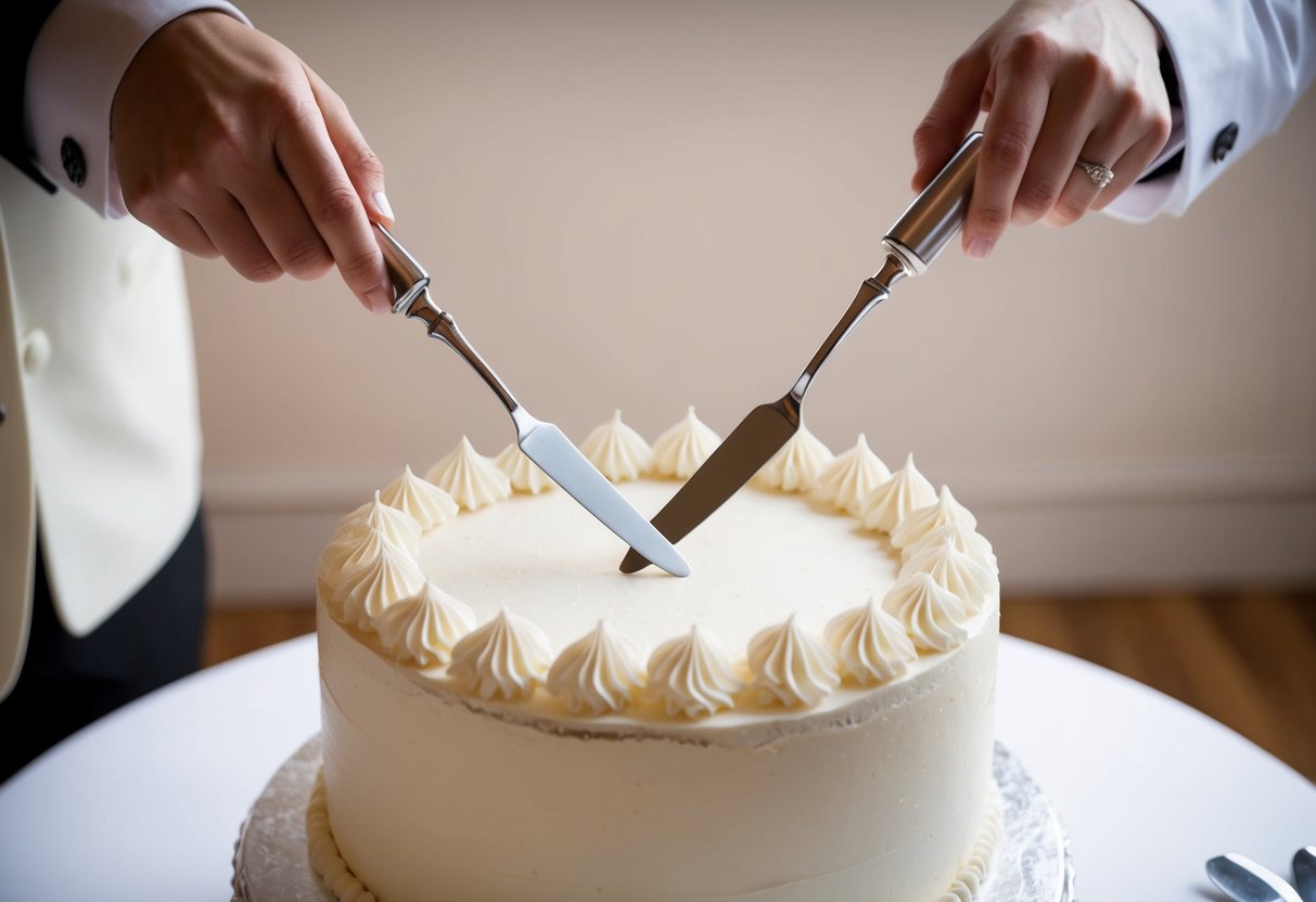 A pair of elegant cake servers are poised above the pristine white wedding cake, ready to cut and serve slices