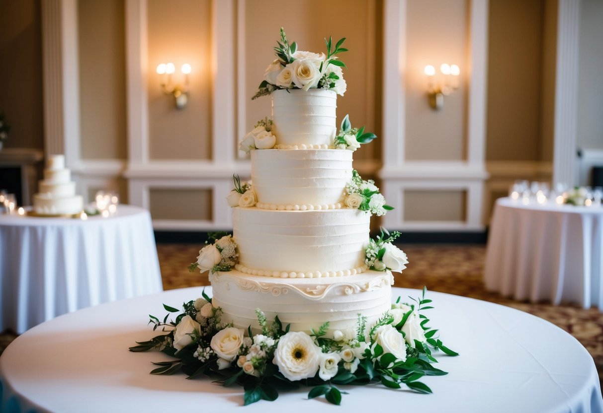 A three-tiered white wedding cake adorned with fresh flowers and intricate piping designs sits on a table in a grand reception hall