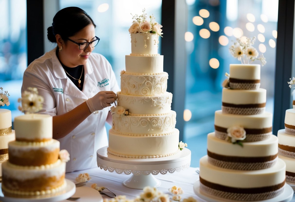 A baker carefully layers and decorates a towering wedding cake with intricate designs and delicate sugar flowers, surrounded by a display of other smaller, less ornate cakes