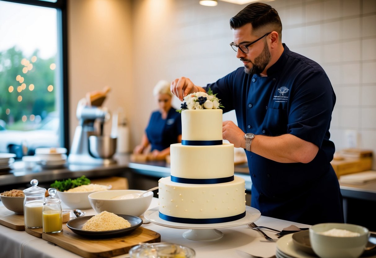 A baker carefully selects premium ingredients for a towering wedding cake, showcasing the attention to detail and quality that sets it apart