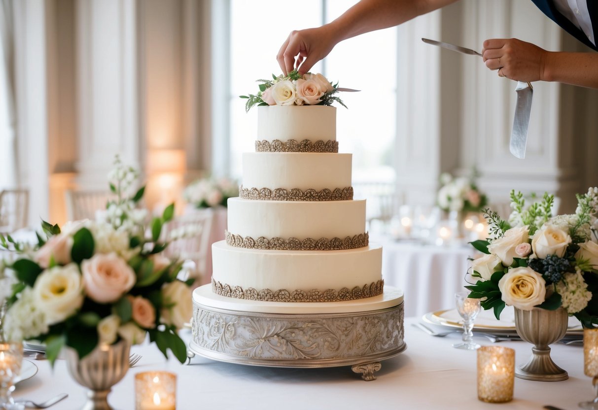 A tiered wedding cake being decorated with intricate personalized details, surrounded by floral arrangements and elegant table settings