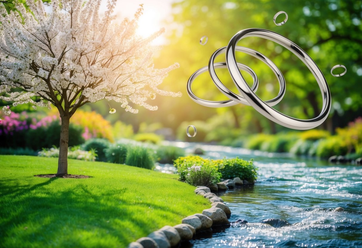 A serene garden with a blooming tree, a flowing river, and two intertwined rings floating in the air