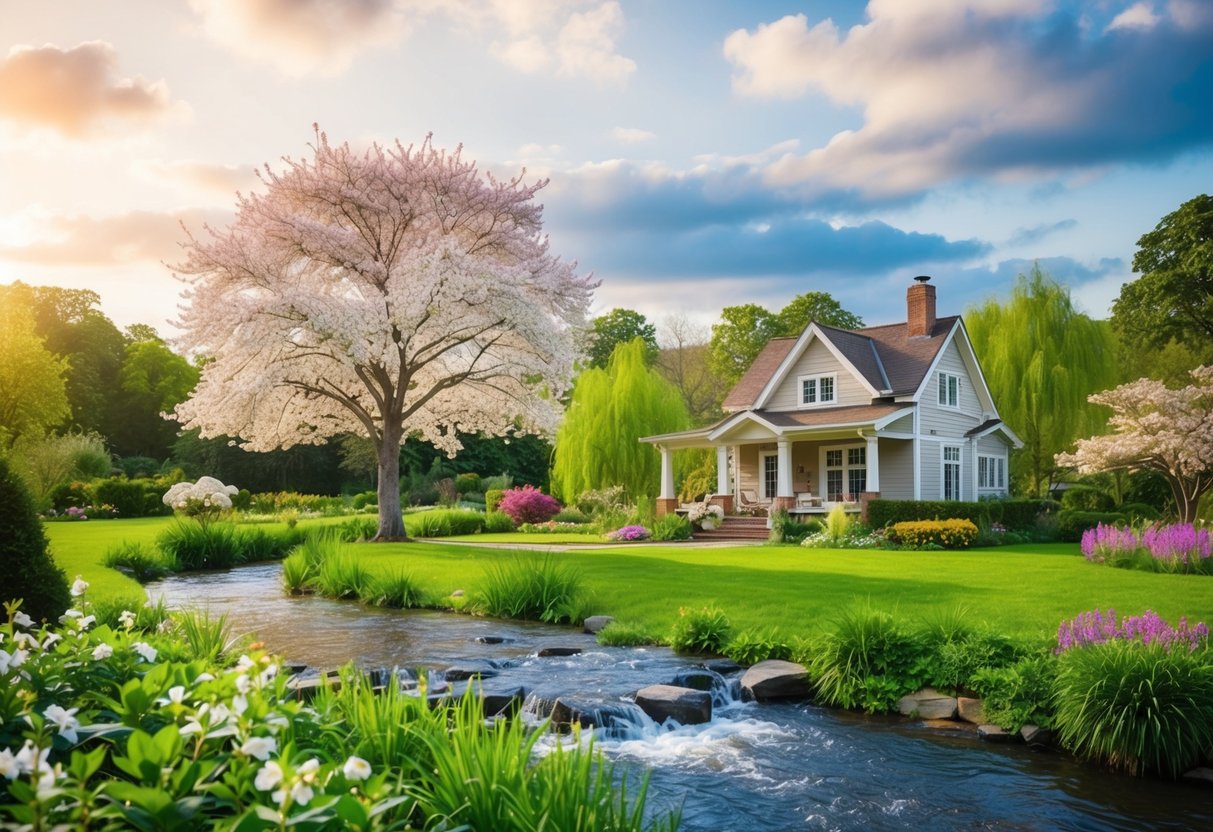 A serene garden with a blooming tree, a flowing river, and a cozy home symbolizing companionship, procreation, and mutual support