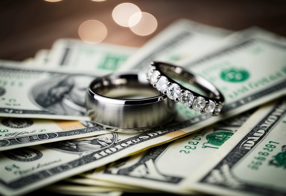 A wedding ring resting on top of a pile of money