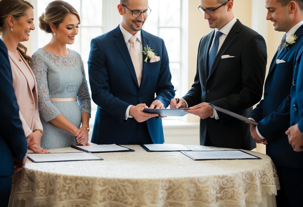 A registrar stands at a decorated table, overseeing the signing of legal documents. A couple and witnesses are present