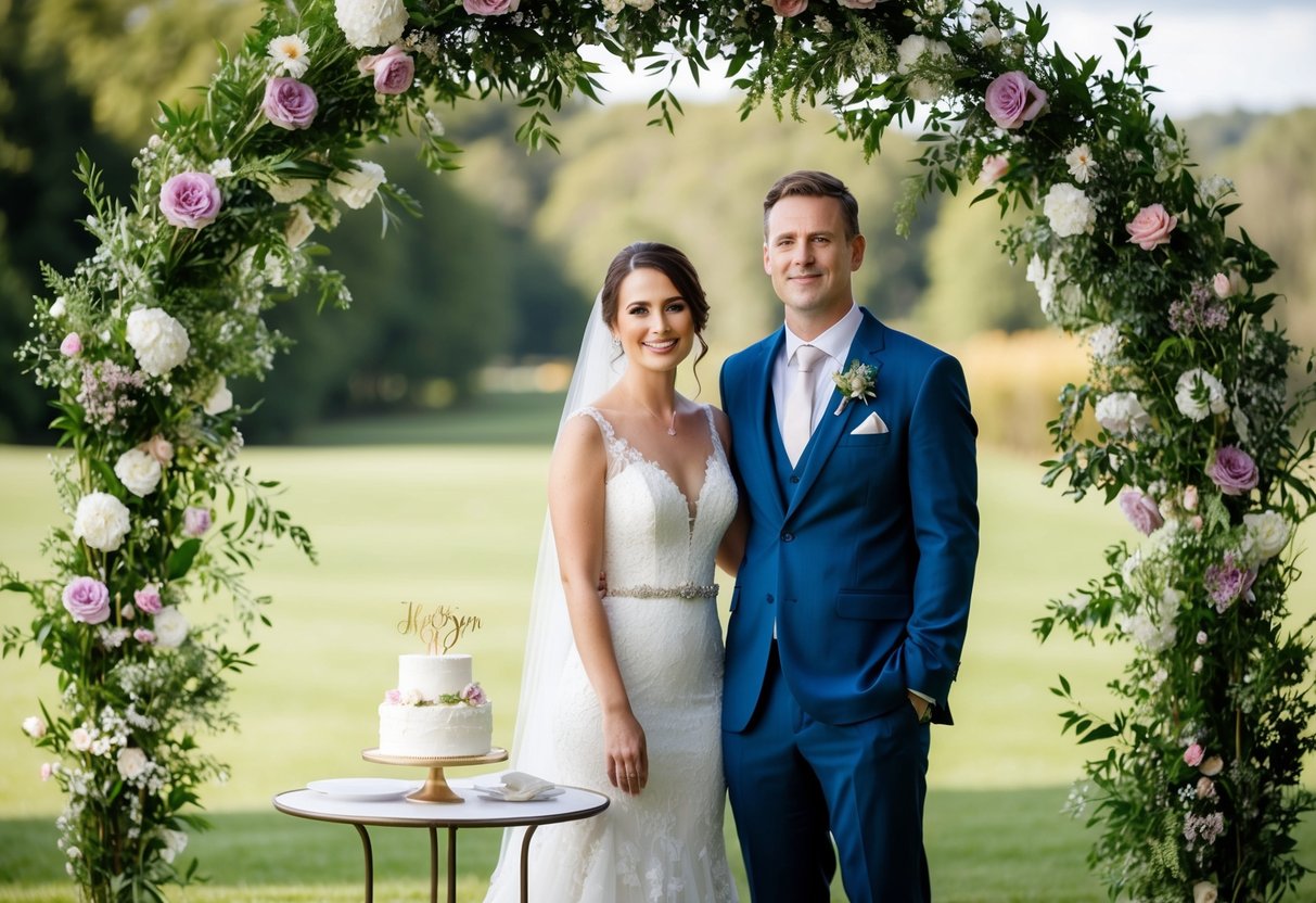 A bride and groom standing under a floral arch with a small wedding cake and a simple table setting