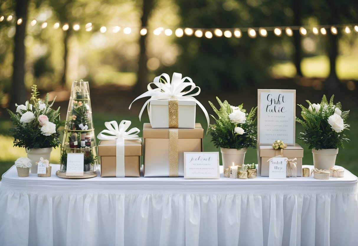 A wedding scene with a gift table featuring a variety of non-monetary contributions such as handmade crafts, potted plants, and personalized items