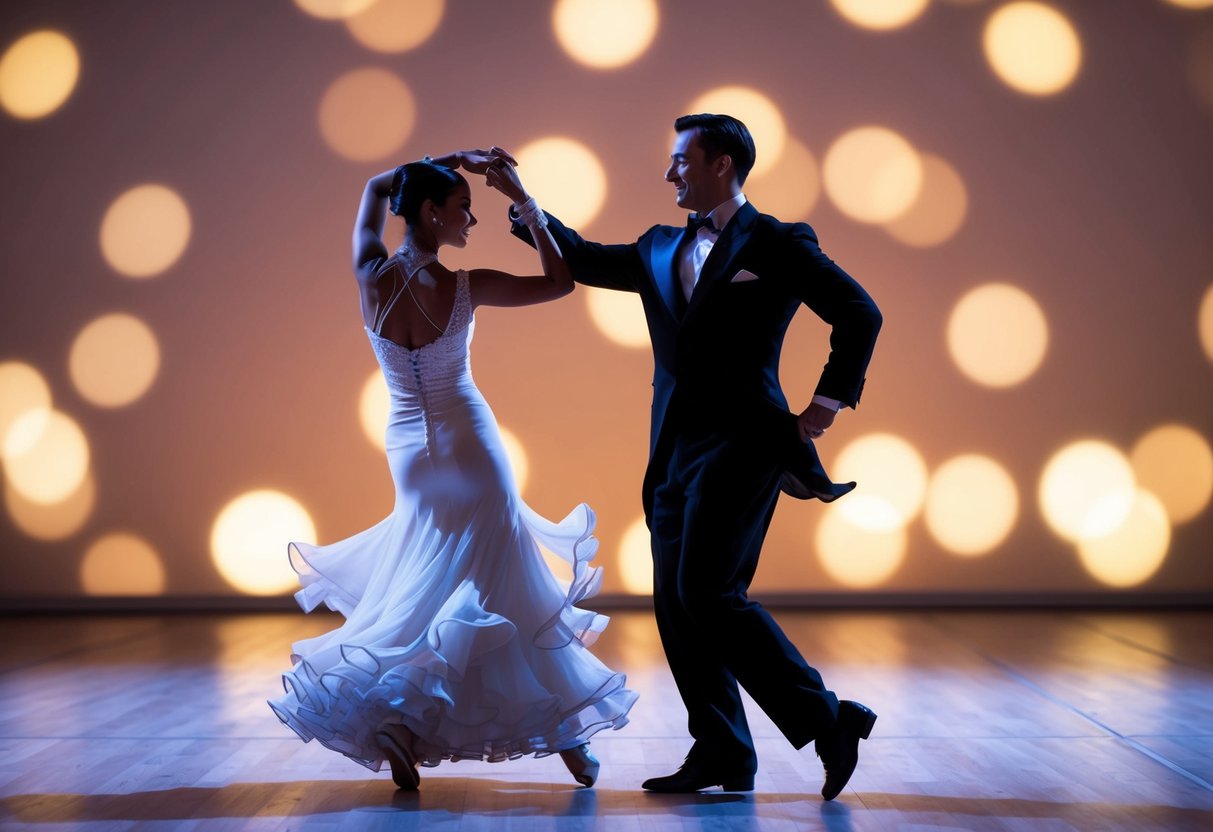 A figure in formal attire dances with another figure in a flowing dress