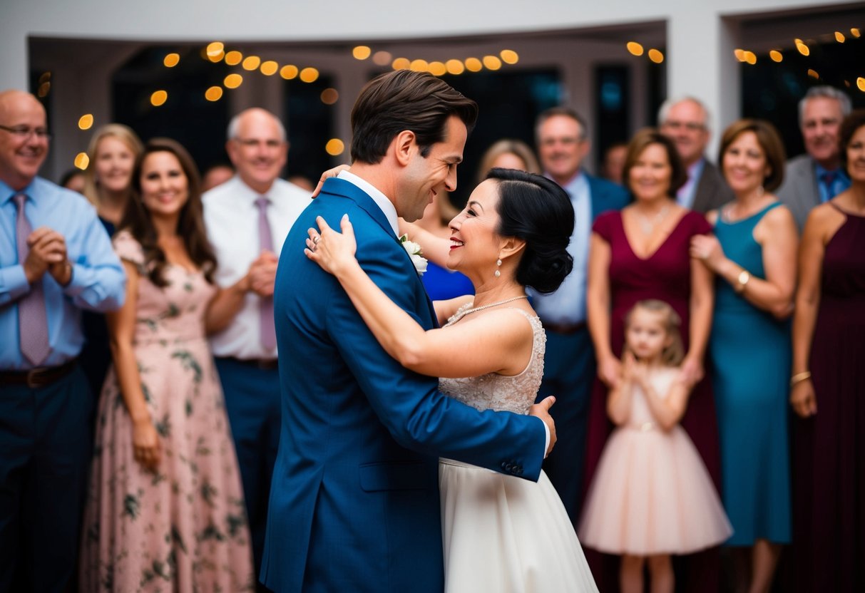 A mother and son dance together, surrounded by the loving gaze of family and friends
