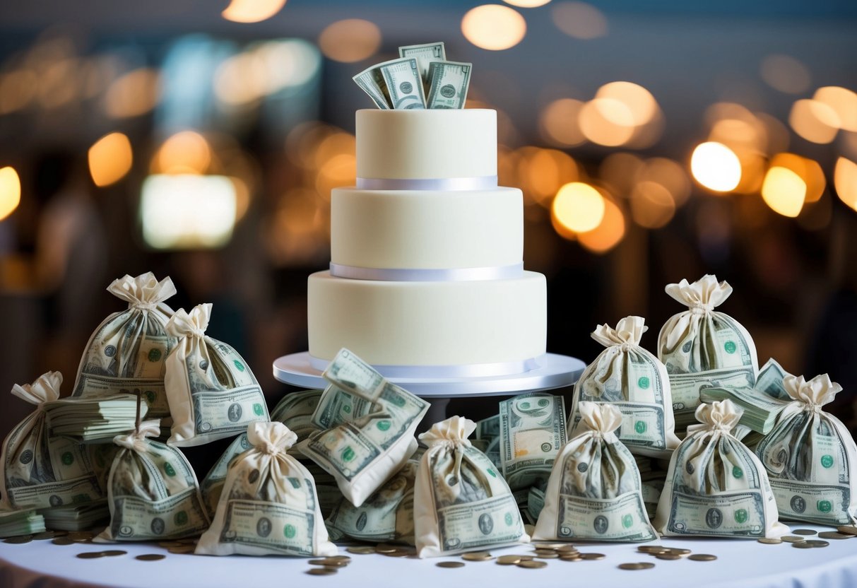 A wedding cake surrounded by overflowing bags of money