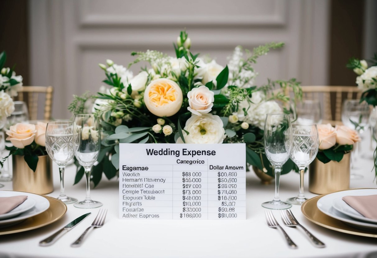 A table with wedding expense categories and dollar amounts, surrounded by floral centerpieces and elegant place settings