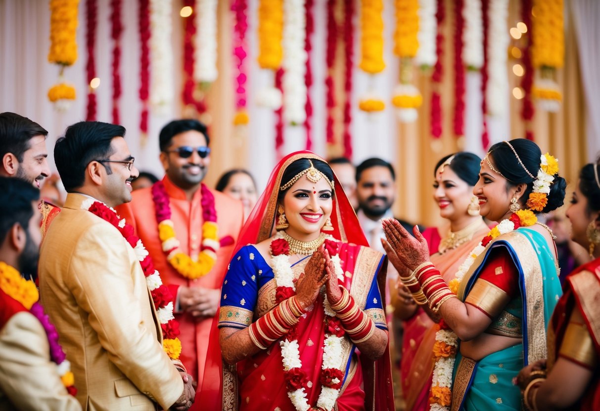 A colorful Indian wedding scene with traditional decorations and festive atmosphere