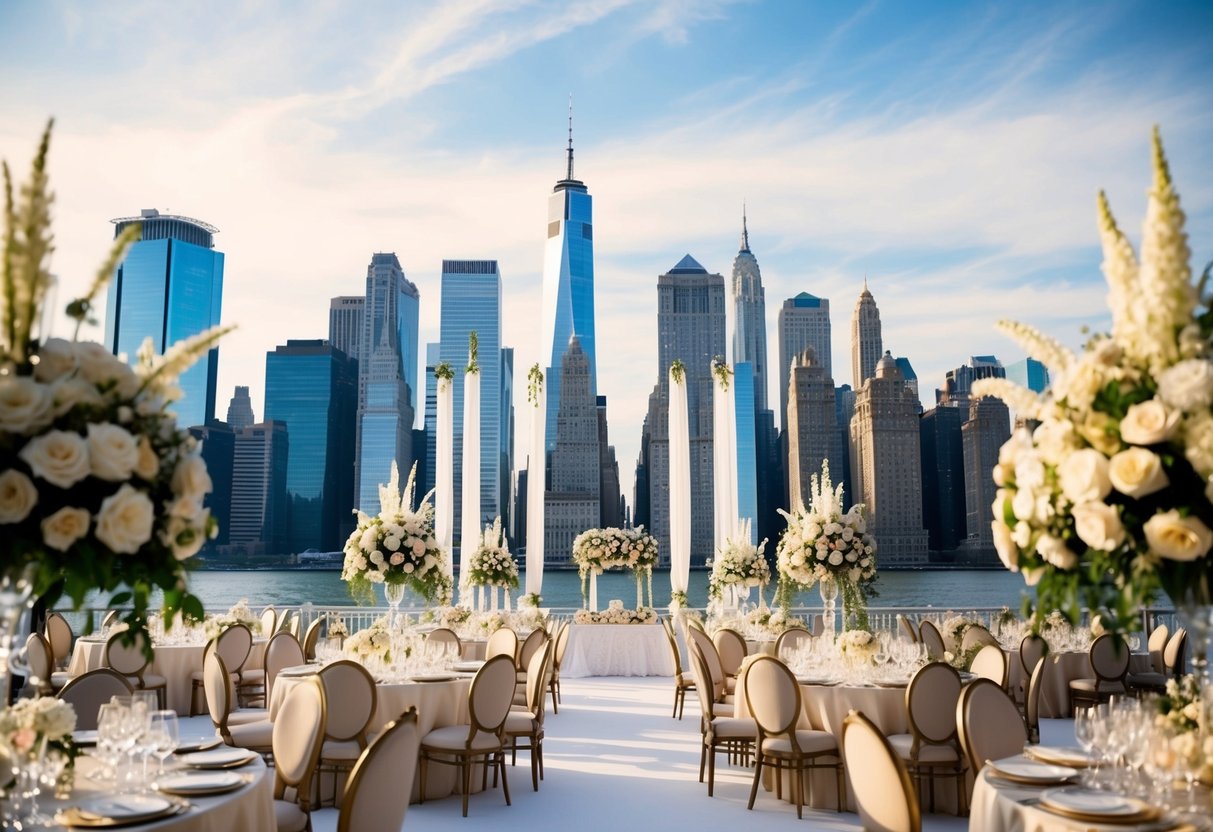 A lavish NYC skyline with a grand wedding venue, surrounded by opulent decorations, flowers, and a luxurious banquet
