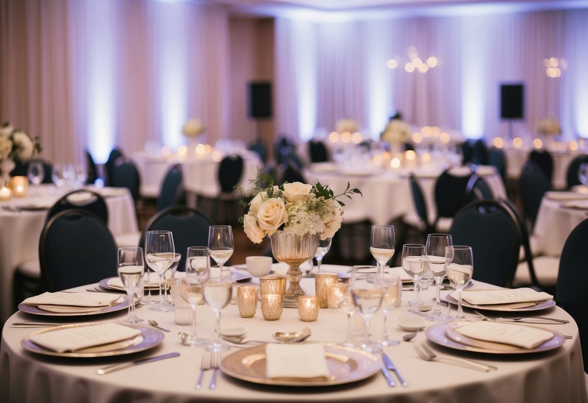 A wedding banquet set with multiple place settings and elegant table decor