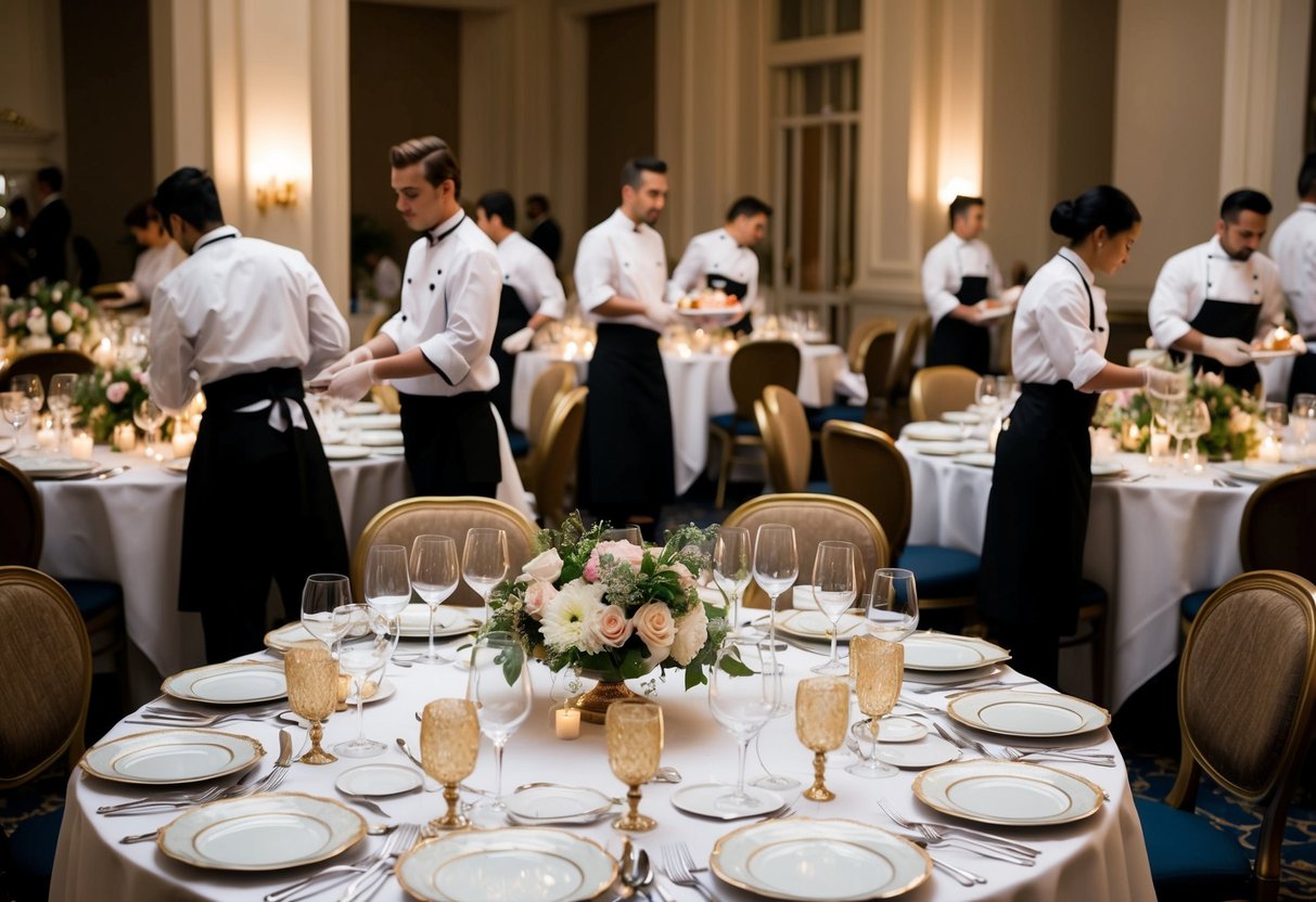 A banquet hall with elegantly set tables, adorned with fine china, glassware, and floral centerpieces. A team of chefs and servers bustling about, preparing and serving exquisite dishes