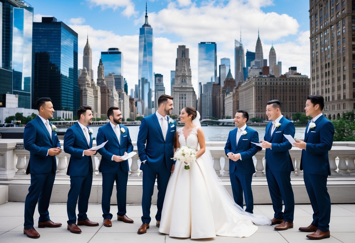 A bustling New York City skyline with iconic landmarks, a bride and groom standing in front of a luxurious wedding venue, surrounded by wedding professionals discussing costs
