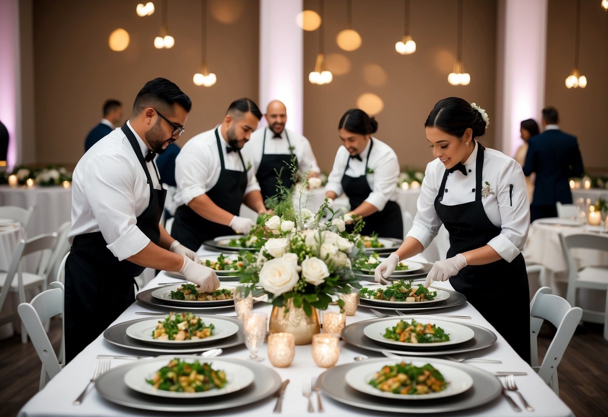 A team of caterers setting up tables, arranging centerpieces, and preparing food for a wedding reception