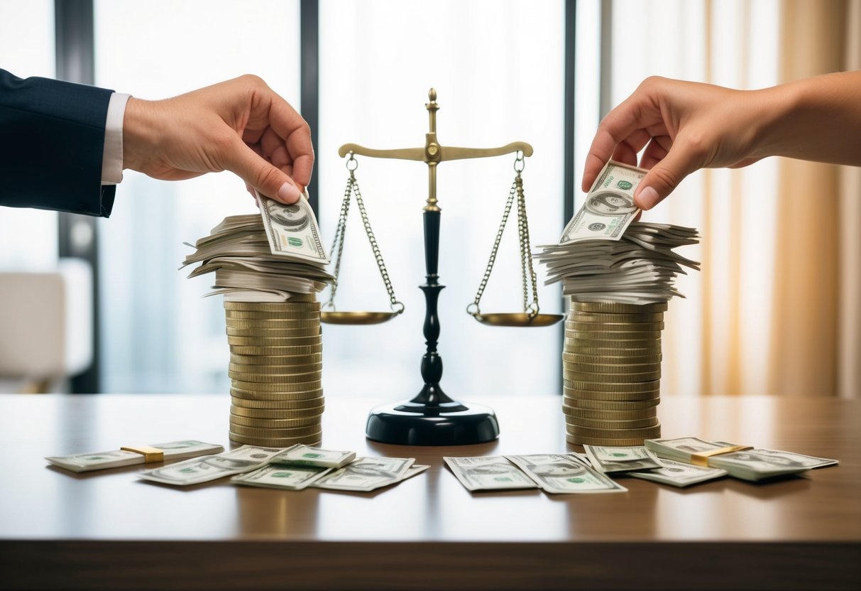 A table with two separate piles of money, one for each spouse, and a set of scales in the middle