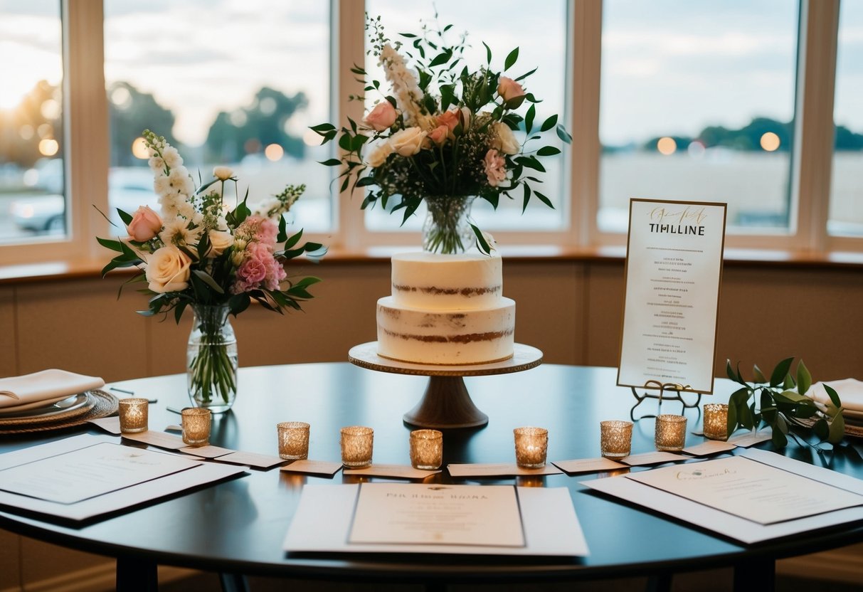 A table with wedding components: invitations, flowers, cake, and a timeline