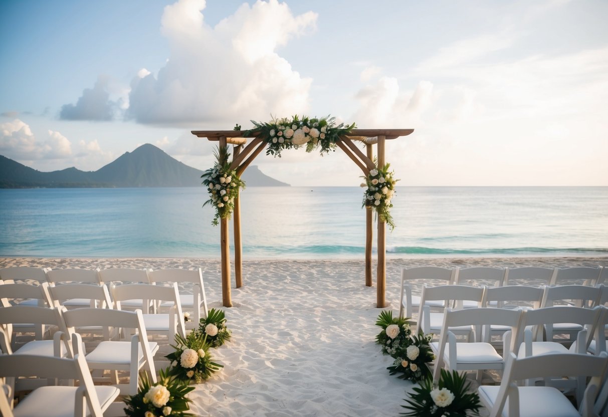 A serene beach wedding with a simple wooden arch and white chairs overlooking the ocean in Bali, Indonesia