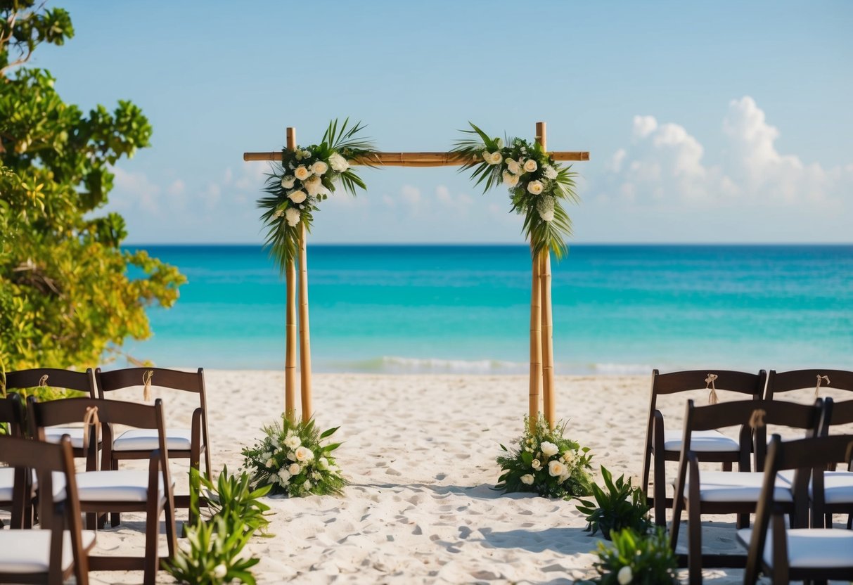 A serene beach wedding with a simple bamboo arch, surrounded by lush greenery and a clear blue ocean in the background