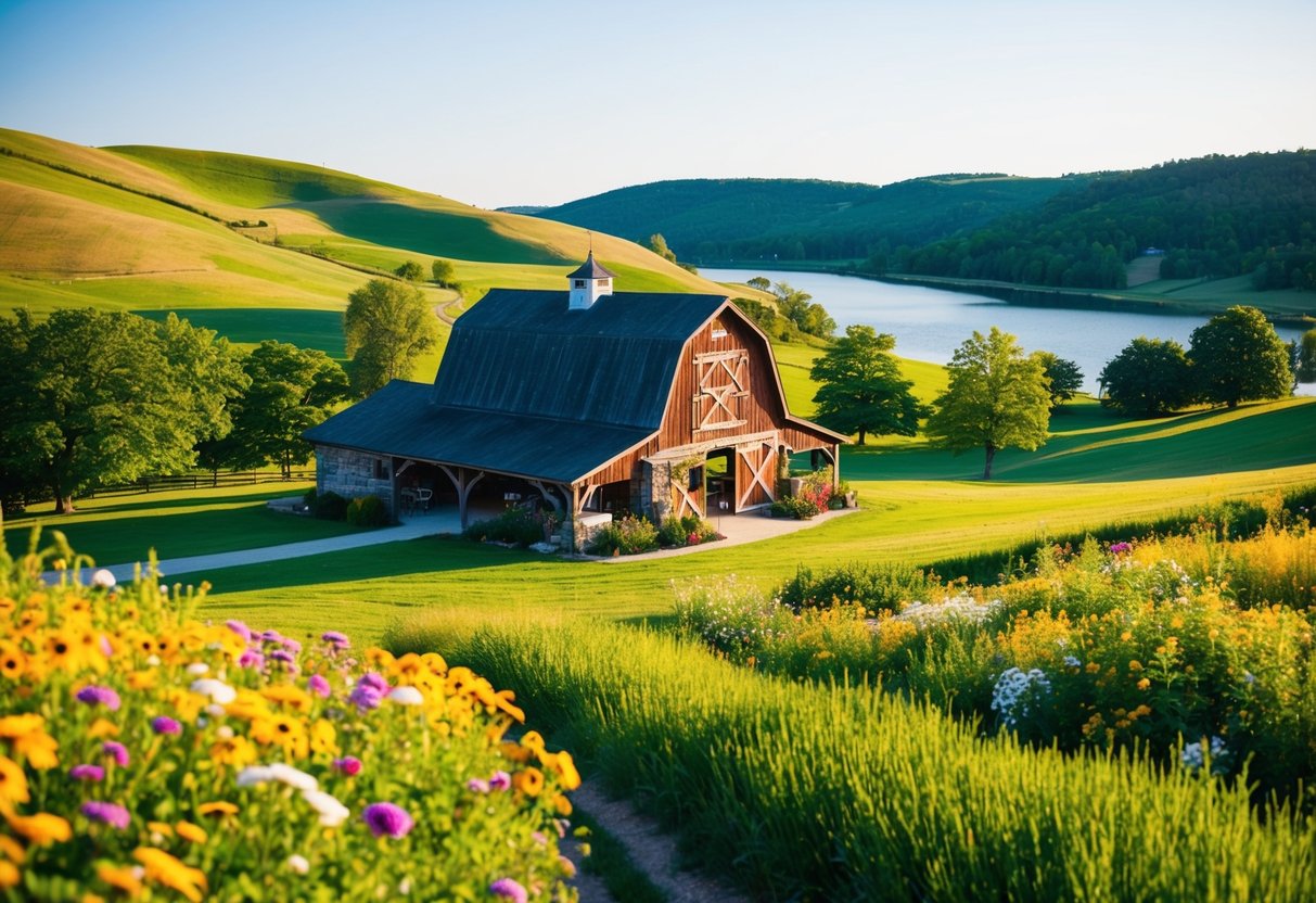A picturesque countryside wedding with rolling hills, a charming rustic barn, and a colorful flower-filled meadow, set against a backdrop of a serene lake and clear blue skies