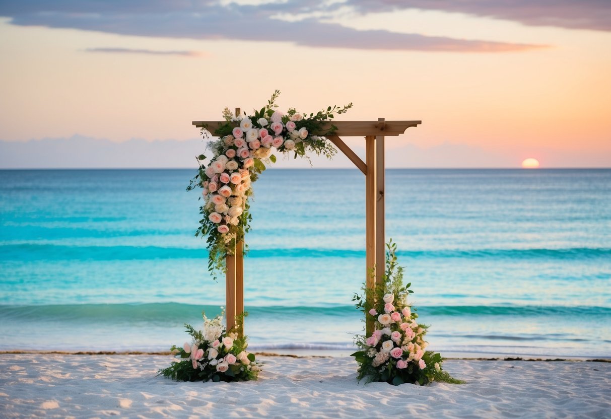 A serene beach setting with a simple wooden arch adorned with flowers, overlooking crystal clear waters and a distant sunset