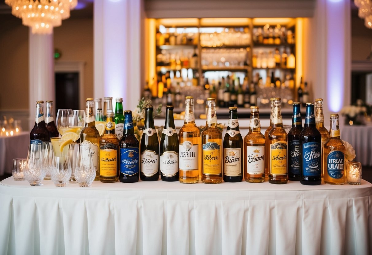 A lavish wedding reception with a fully stocked bar, adorned with elegant glassware and bottles of various beverages