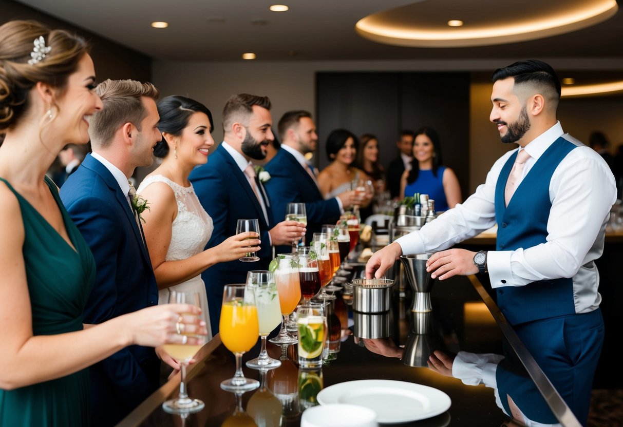 Guests enjoying a variety of drink options at a wedding bar, with a bartender serving beverages to attendees