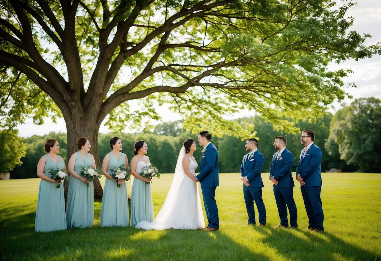 A simple outdoor wedding under a tree with a small group of loved ones