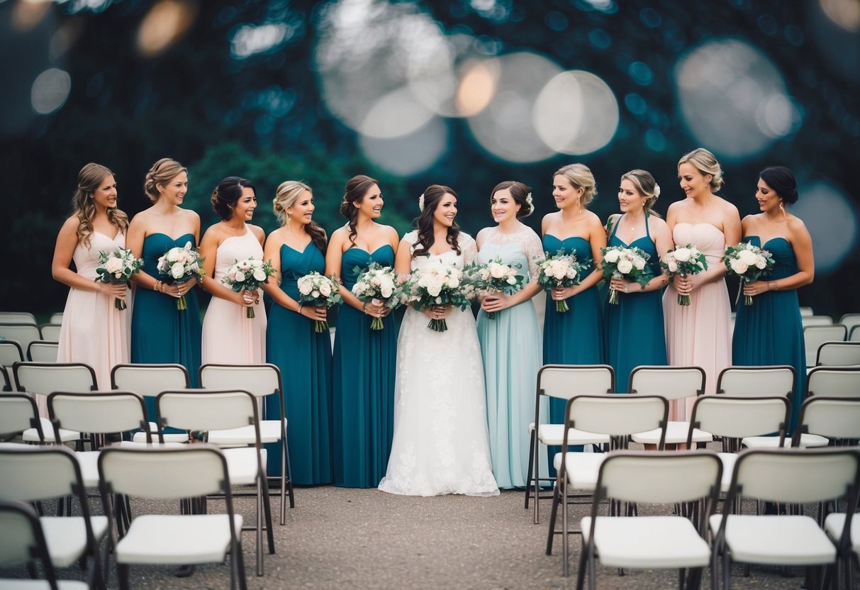A group of 6 bridesmaids standing in a line, each holding a bouquet, surrounded by 94 empty chairs