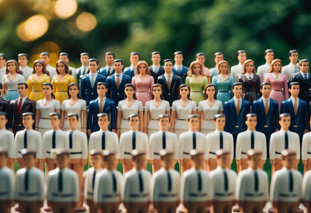 A group of 100 identical figurines, with a mix of male and female attire, standing in a line