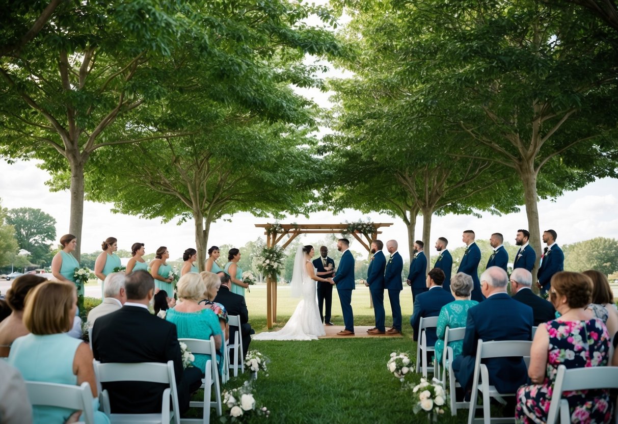 A simple outdoor ceremony under a canopy of trees with minimal decorations, followed by a potluck reception in a community park