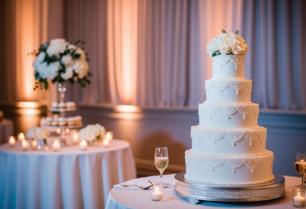 A wedding reception with elegant decor and a tiered cake on display