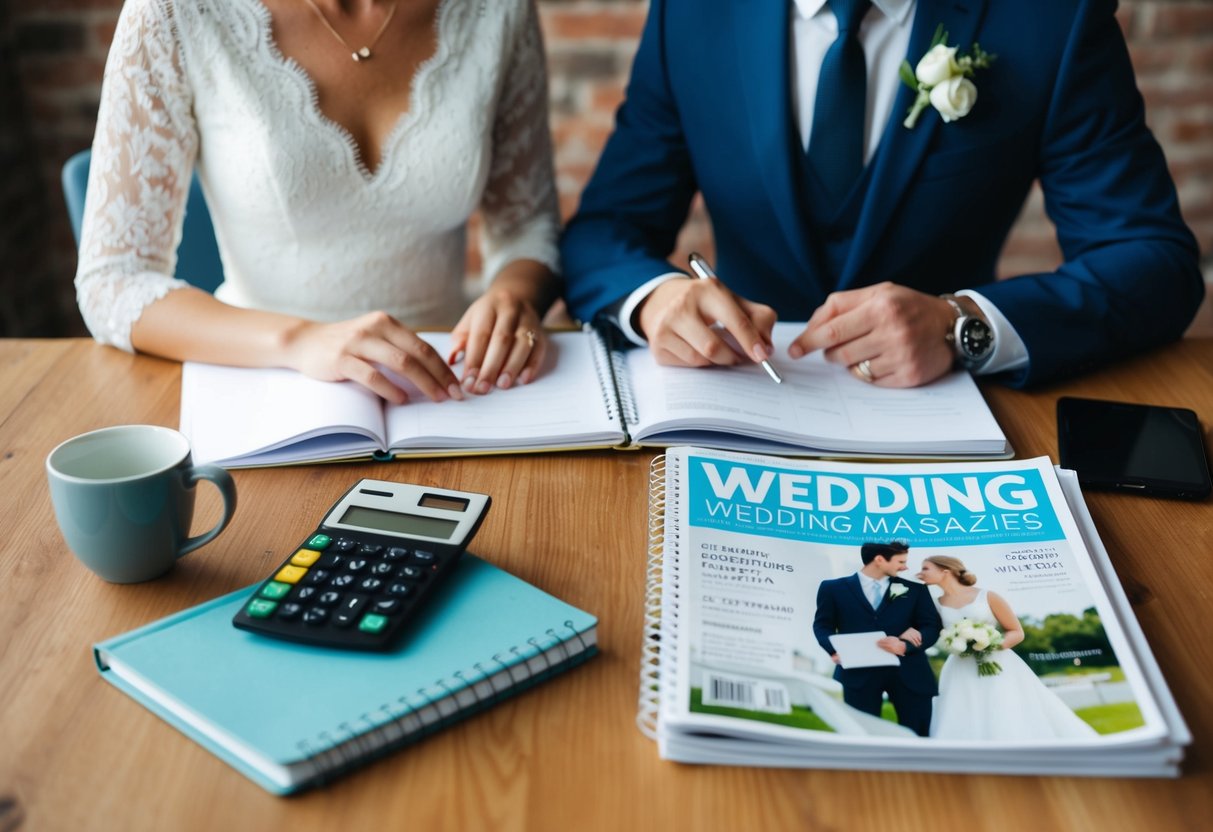 A couple sits at a table with a notebook, calculator, and wedding magazines spread out, discussing their budget