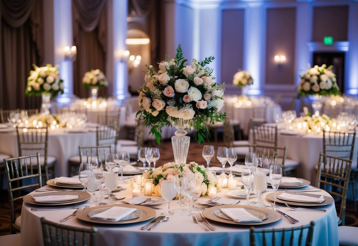 A lavish wedding banquet with elegant decorations and a grand floral centerpiece, surrounded by tables adorned with fine linens and sparkling glassware