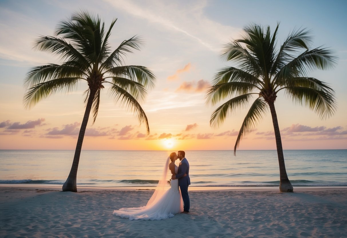 A serene beach wedding with a colorful sunset, palm trees, and a gentle ocean breeze