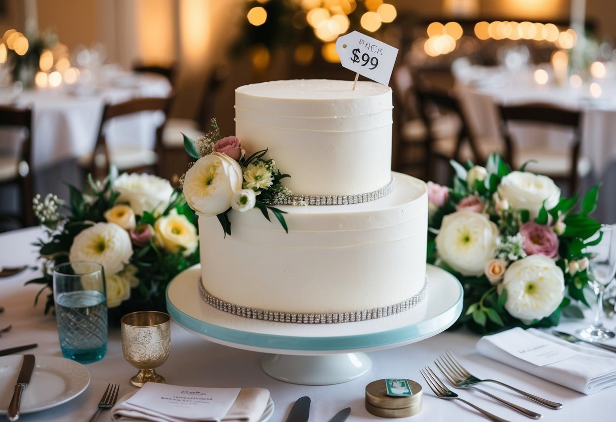 A wedding cake with a price tag, surrounded by various wedding-related items and services, such as flowers, venue, and photography
