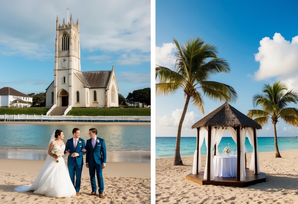 A beach with two wedding setups, one in the UK and one abroad. The UK setup includes a traditional church and reception hall, while the abroad setup features a tropical beach with palm trees and a gazebo