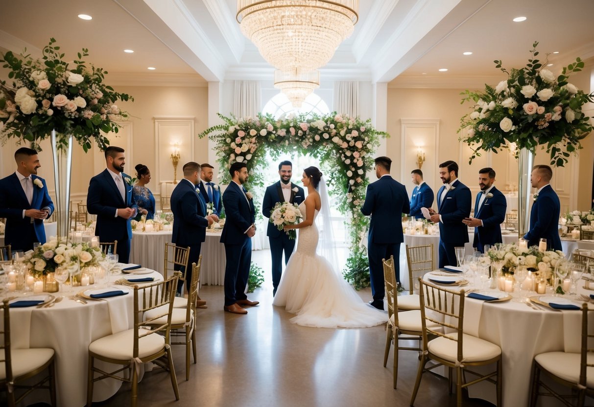 A bustling wedding venue with elegant decor, floral arrangements, and a team of staff preparing for a ceremony and reception