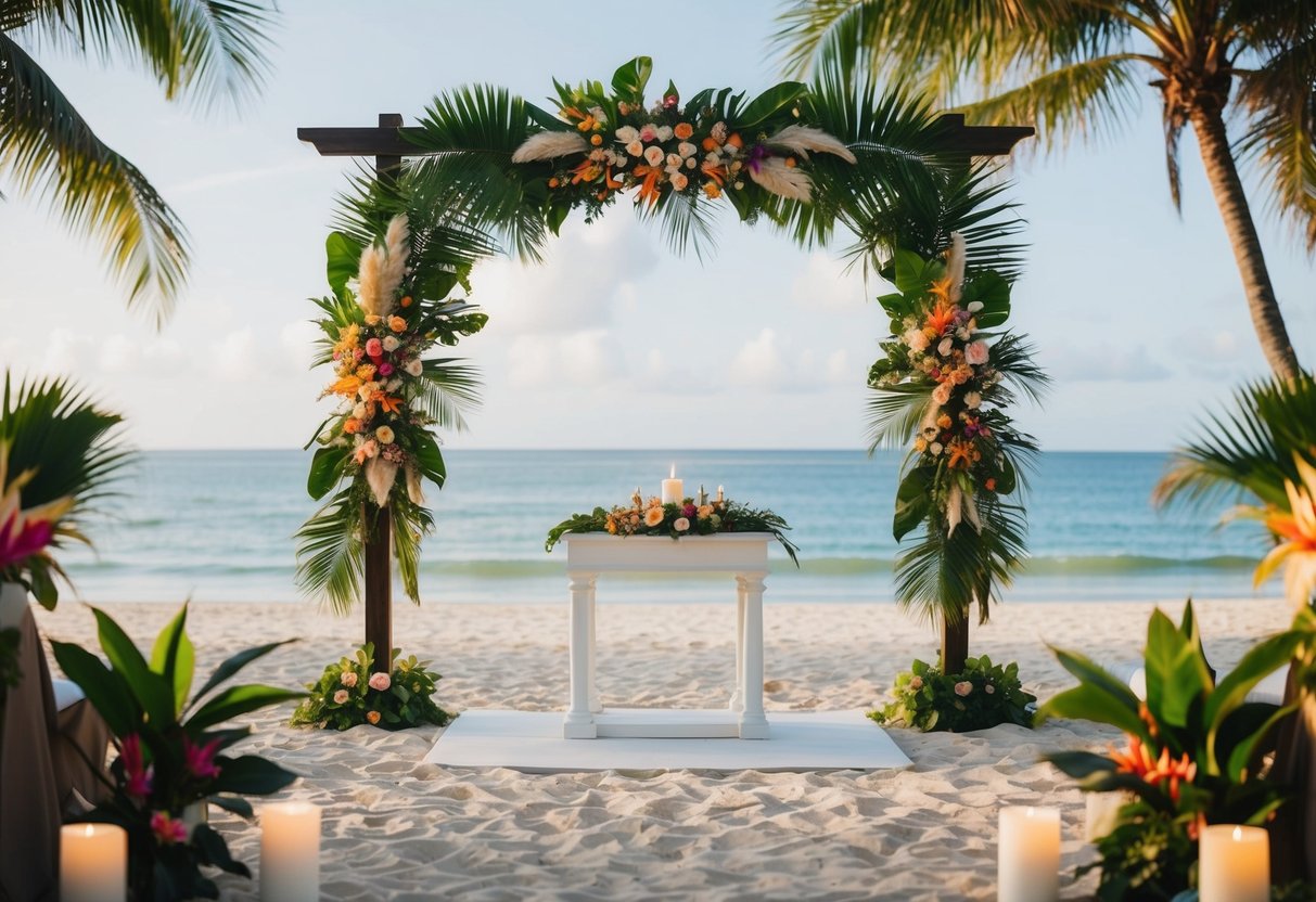 A serene beach with a simple, elegant altar overlooking the ocean, surrounded by lush tropical greenery and vibrant flowers